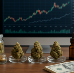 Three jars of cannabis on a wooden desk with a financial graph on a computer screen and a stack of dollar bills.