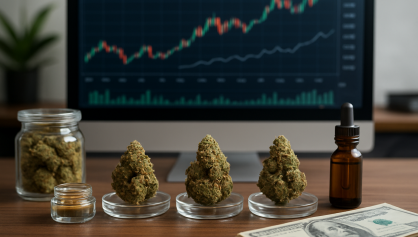 Three jars of cannabis on a wooden desk with a financial graph on a computer screen and a stack of dollar bills.