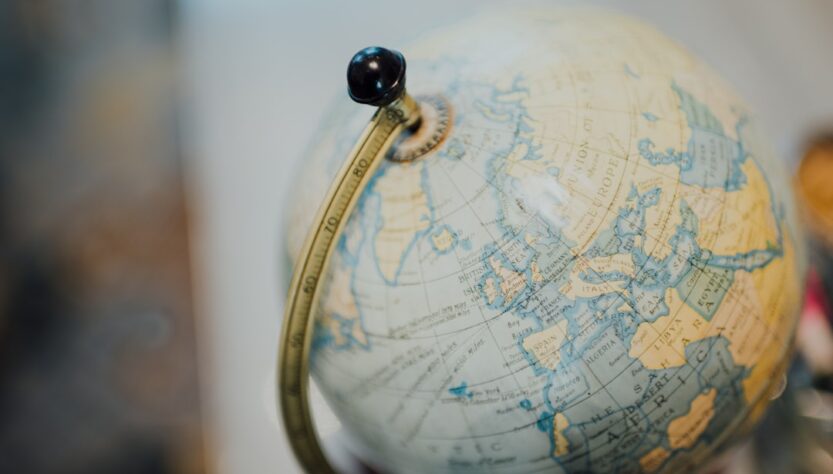 Close-up of a globe showing various countries and continents